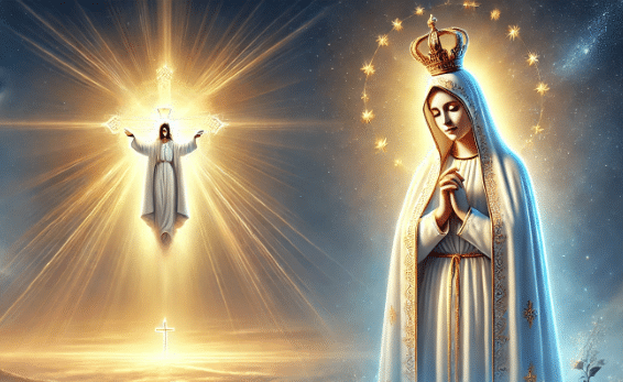 Image représentant la Vierge Marie couronnée, en prière, entourée d’un halo d’étoiles, et le Christ en gloire apparaissant dans une lumière divine. Illustration inspirée des apparitions et de la foi chrétienne.